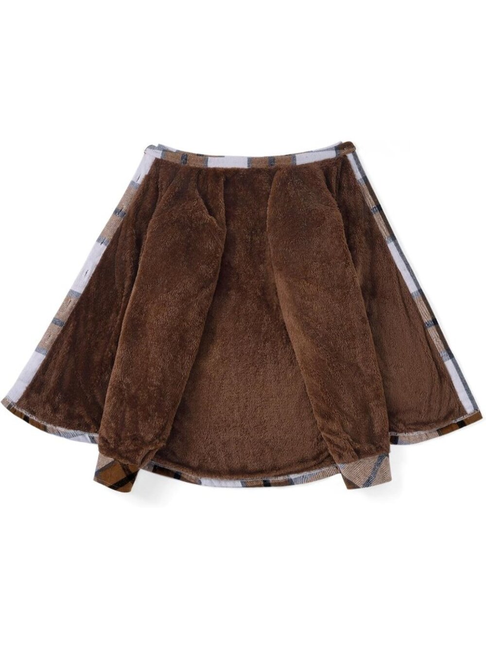 Women's Brown White Sherpa Fleece Lined Winter Plaid Flannel Jacket With pocket - Picture 5 of 6